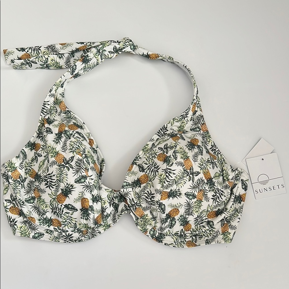 Green and White Pineapple Bikini Swim Top Montego Muse Halter 36E‎